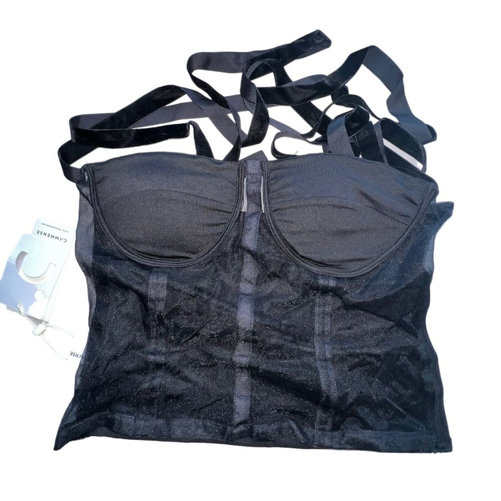 Commense Tied Mesh Corset Crop Top- Black- Women Size Large Sheer Evening New - Picture 2 of 6
